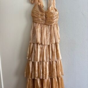 Lulus Radiant Arrival Shiny Gold Organza Tiered Tie-Strap Maxi Dress Size M
